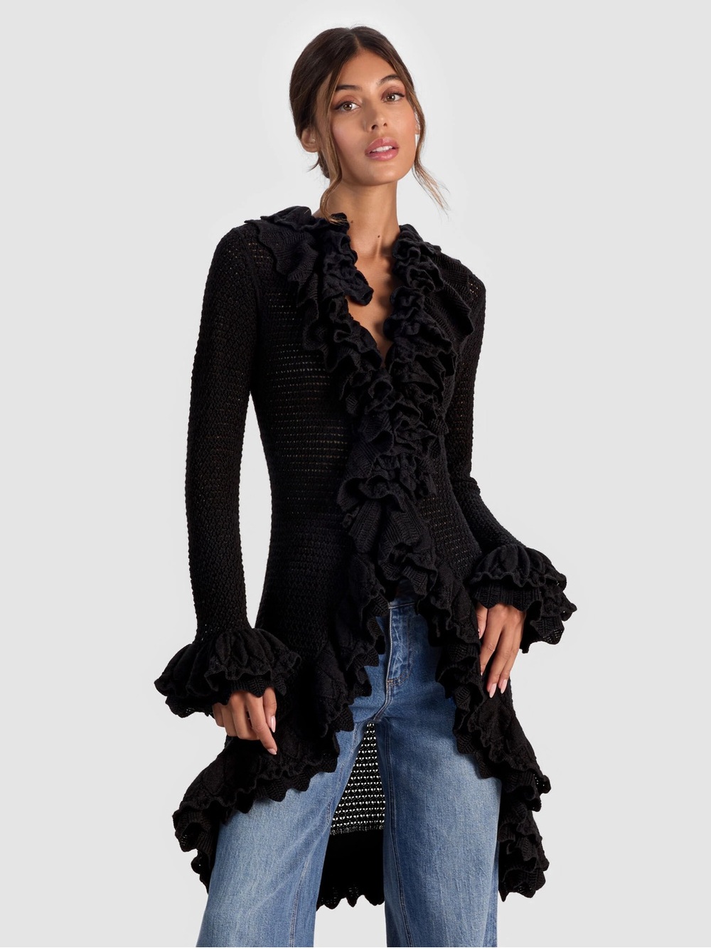 Black Ruffled Knit Cardigan